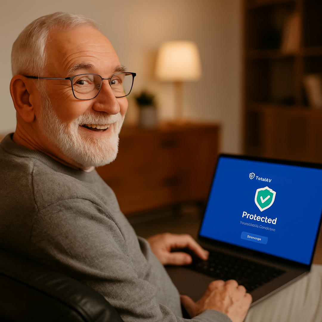 Confident senior using a laptop safely at home