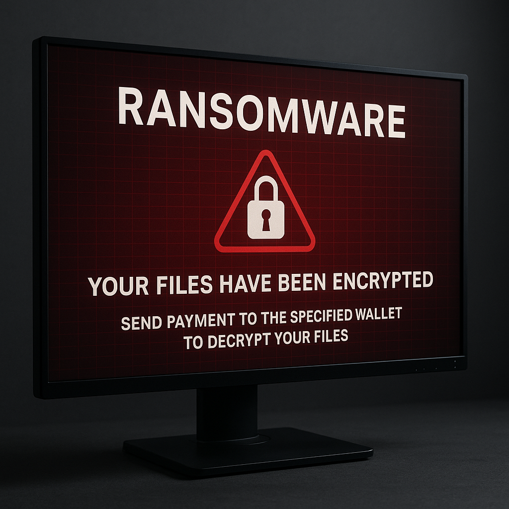 Screen displaying a ransomware warning message