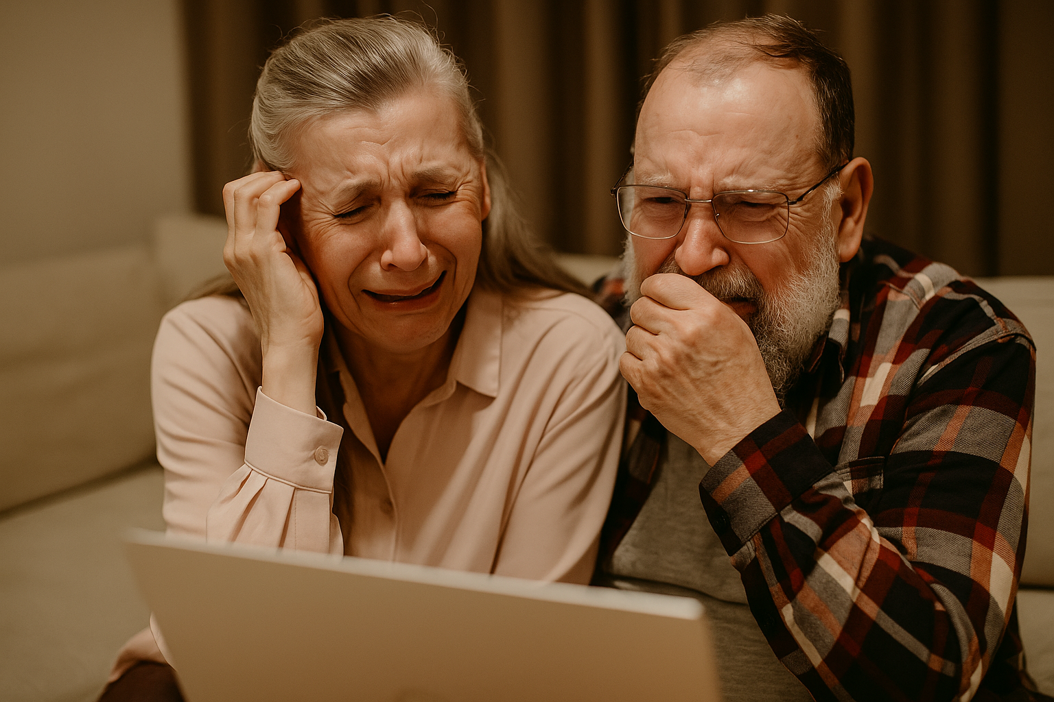 Concerned senior couple in the U.S. using a laptop at home